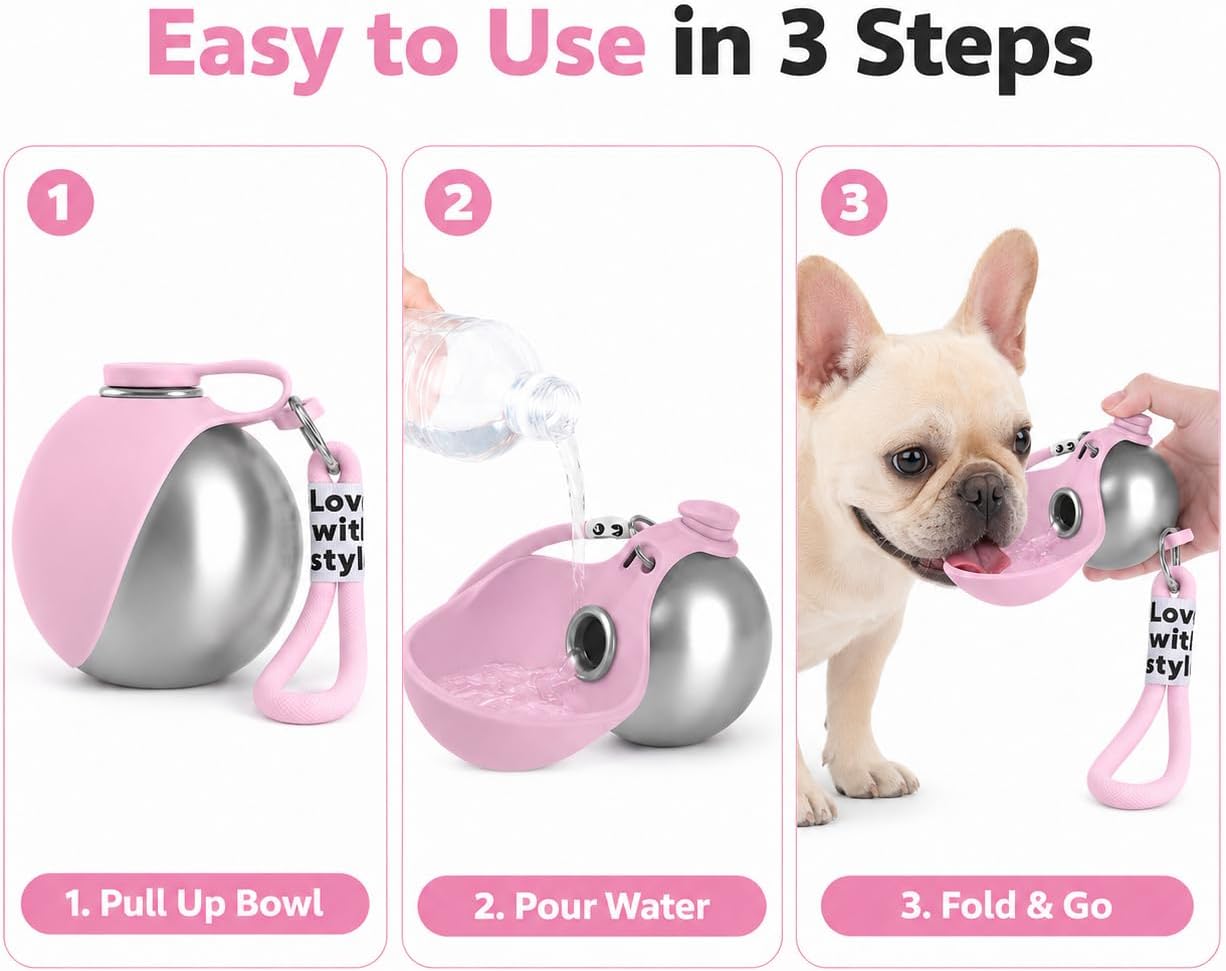 Portable Pet Dog Water Bottle with Silicone Collapsible Bowl, 10 Oz Pink | Stainless Steel Pet Travel Dispenser with Rope | Dogs on Walks Hiking Accessories | Puppy Small Pets Essentials