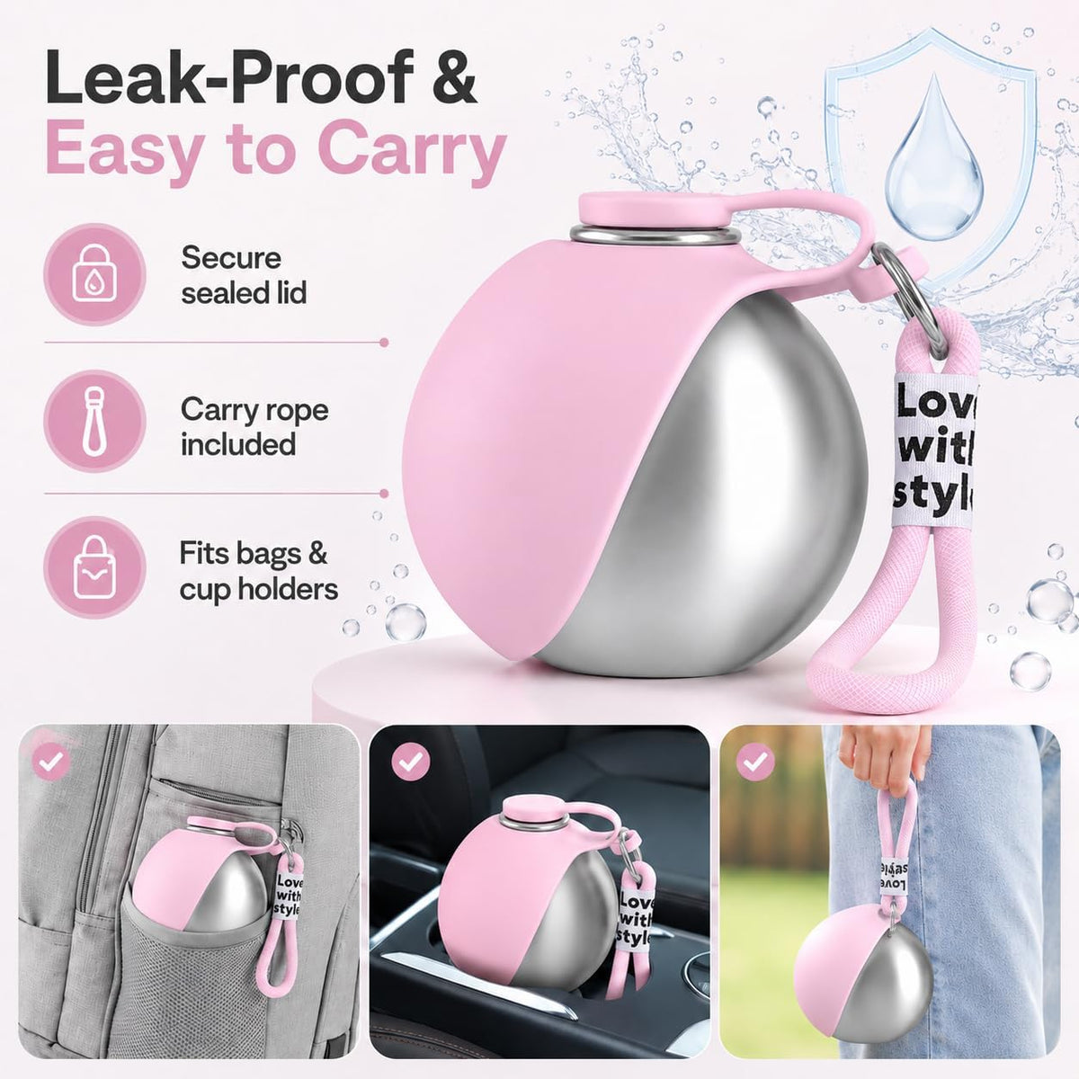 Portable Pet Dog Water Bottle with Silicone Collapsible Bowl, 10 Oz Pink | Stainless Steel Pet Travel Dispenser with Rope | Dogs on Walks Hiking Accessories | Puppy Small Pets Essentials