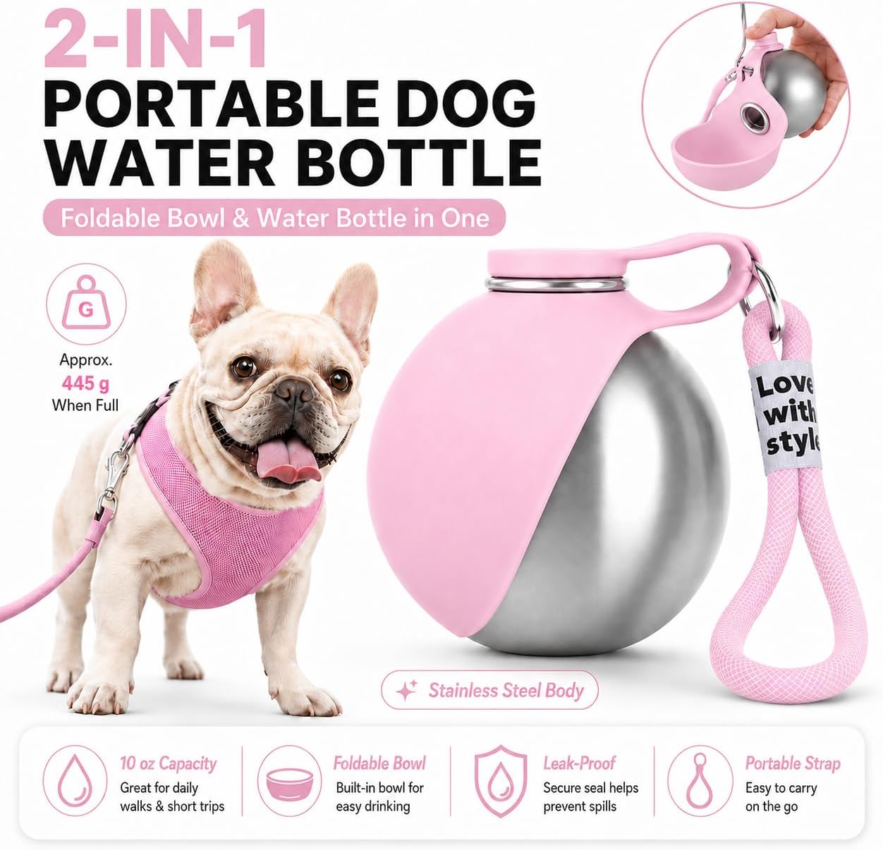 Portable Pet Dog Water Bottle with Silicone Collapsible Bowl, 10 Oz Pink | Stainless Steel Pet Travel Dispenser with Rope | Dogs on Walks Hiking Accessories | Puppy Small Pets Essentials